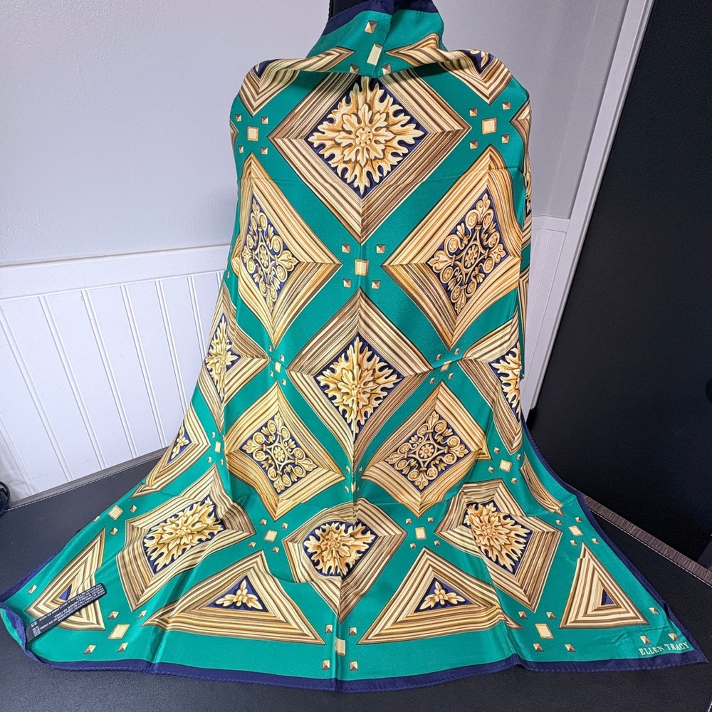 Ellen‎ Tracy Silk Scarf Emerald Green Navy Blue Geometric Medallion Square 33x33